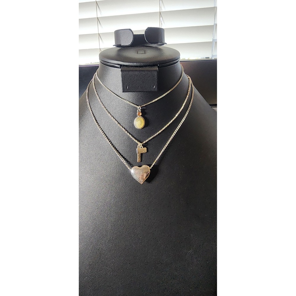 Silver Tone Triple Layered Charm Necklace Set Heart Key Stone Pendant Boho